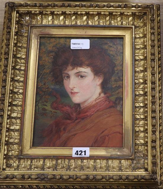 Edward Penstone (fl. 1880-1906), Head and shoulders portrait of a red-headed young woman wearing a red coat and scarf, 22 x 17cm